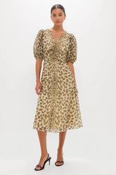 Cream Claude Print Puff Sleeve Midi Dress